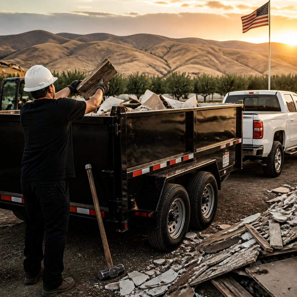Roscoe Property Services crew hauling debris in a dump trailer with California Central Valley foothills and American flag